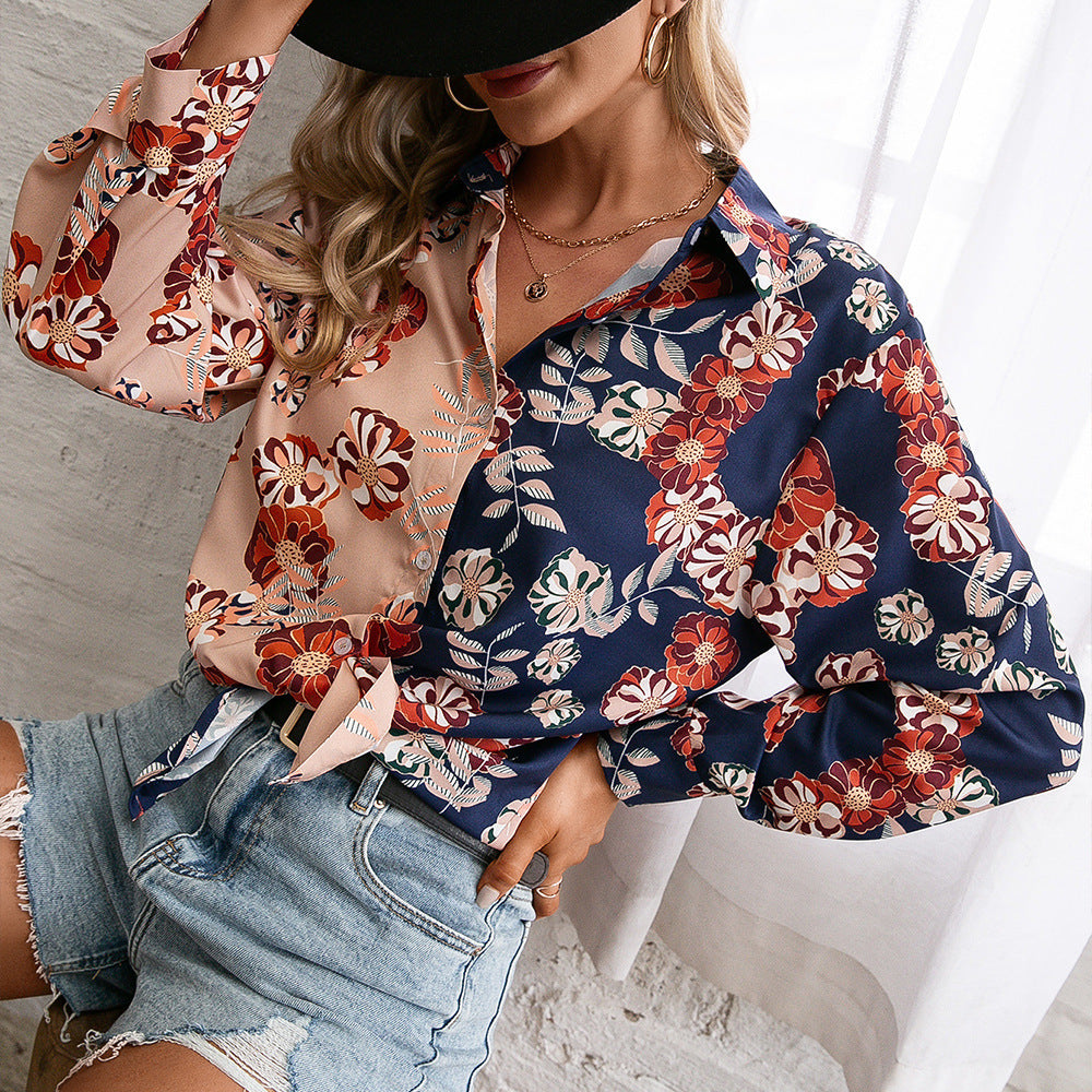 Loose Casual Floral Color Matching Long Sleeved Shirt Single Breasted Printed Contrast Color Shirt Top for Women