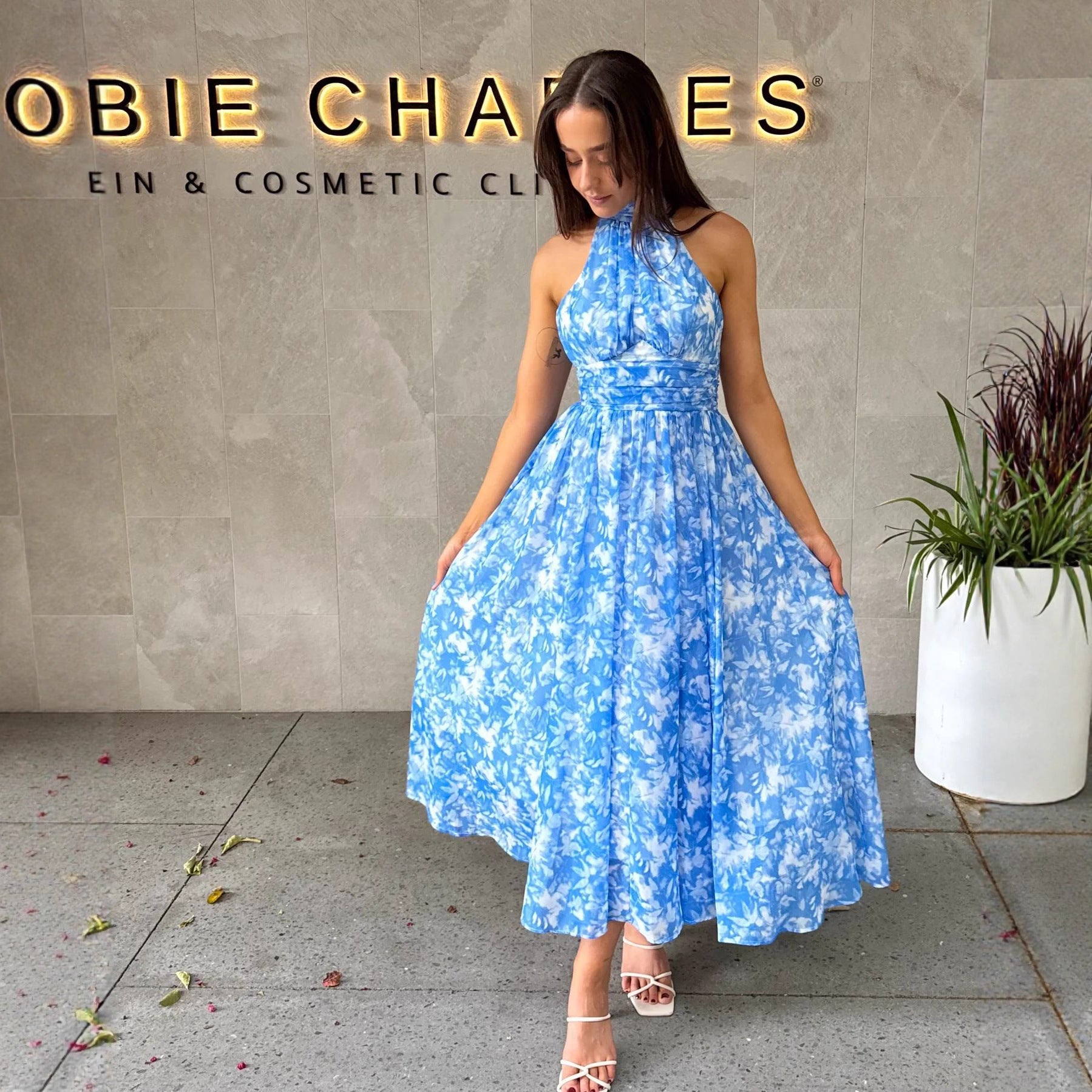 Women Clothing Vacation Sleeveless Printed Backless Halter Long Dress