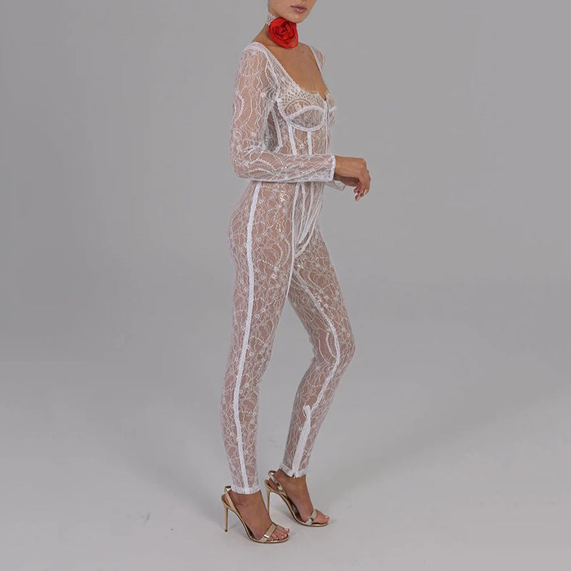 Autumn Lace Stitching Sexy Temptation Low Cut Jumpsuit Women Sexy See through Trousers