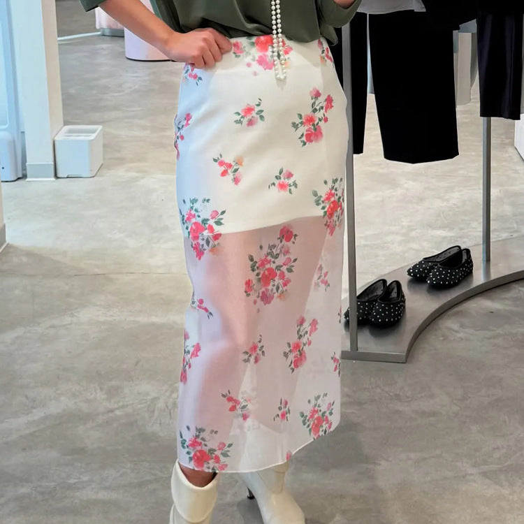 Arrival Digital Printing See through High Waist Slit Skirt Women Double Layer Office All Matching Hip Skirt