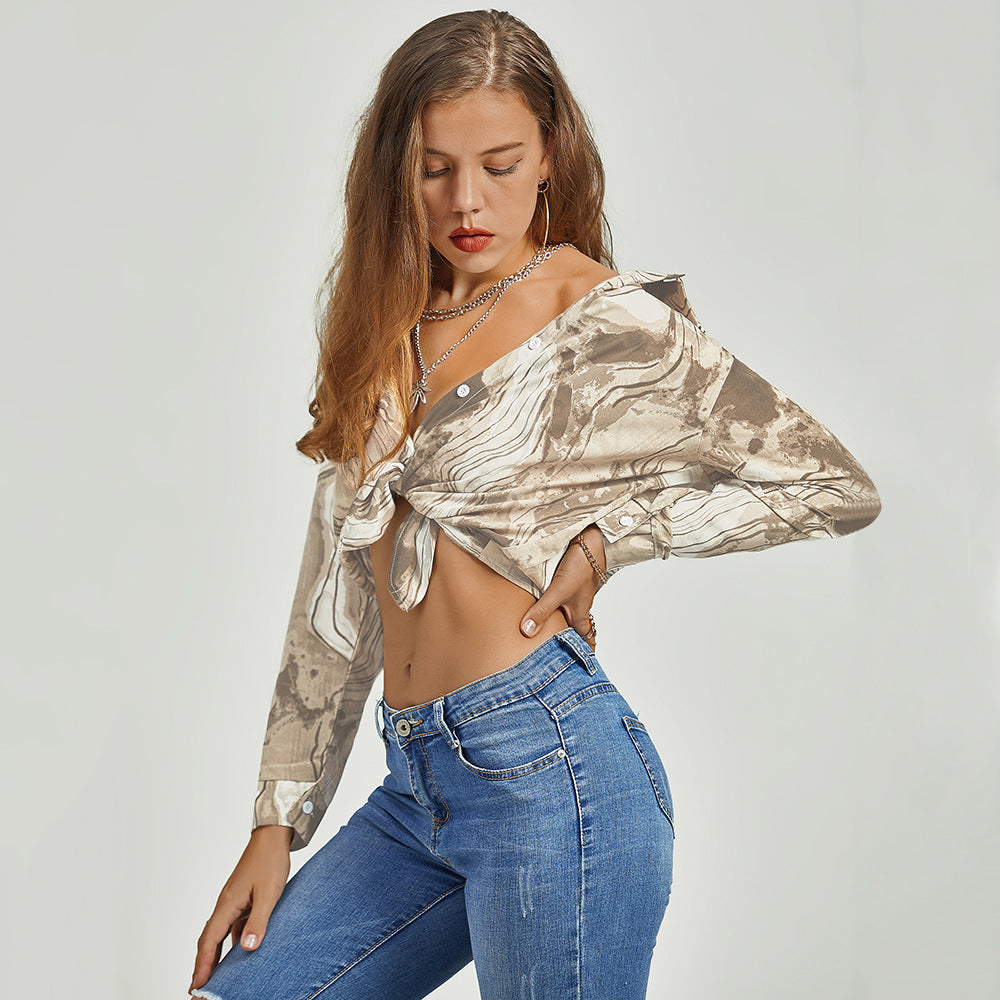 Polo Collar Ink Printing Single-Breasted Elegant Artistic Long Sleeve Shirt Women Autumn Winter