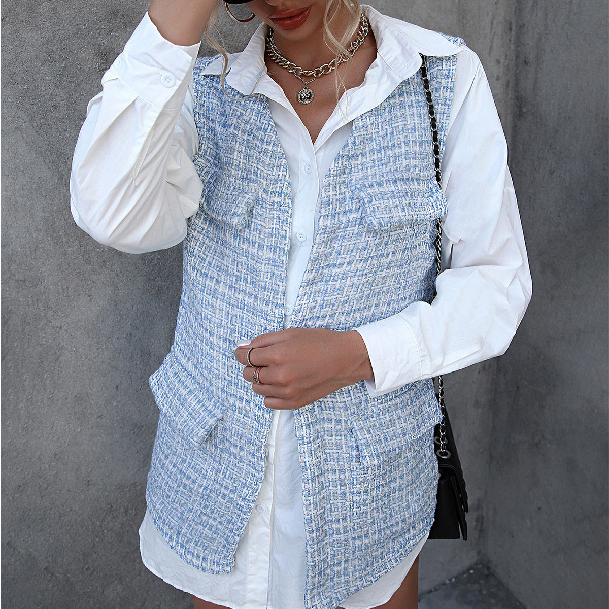 Houndstooth Design Mid Length Cardigan Vest Pocket Coat Plaid Vest Jacket Top Women