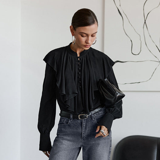 Court French Ruffled Stand Collar Single Breasted Long Sleeve Shirt Women French Lantern Sleeve Loose Solid Color Top