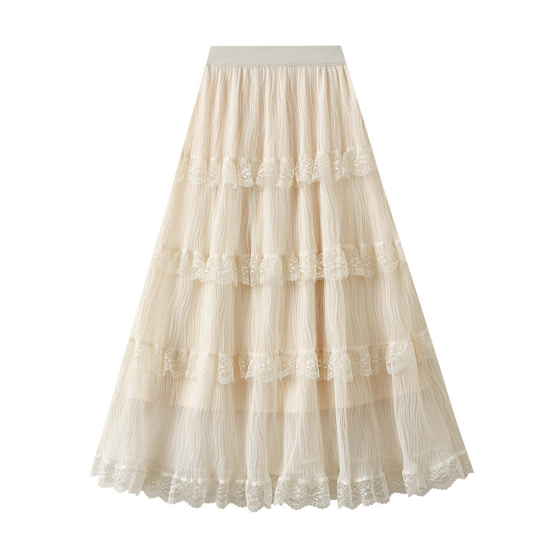 Wave Pleated Mesh Stitching Lace Skirt Women Spring High Waist Slimming Fairy Tiered Dress