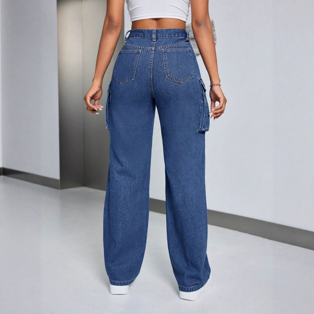 Large Pocket Loose Casual Women Clothing Straight-Leg Denim Trousers