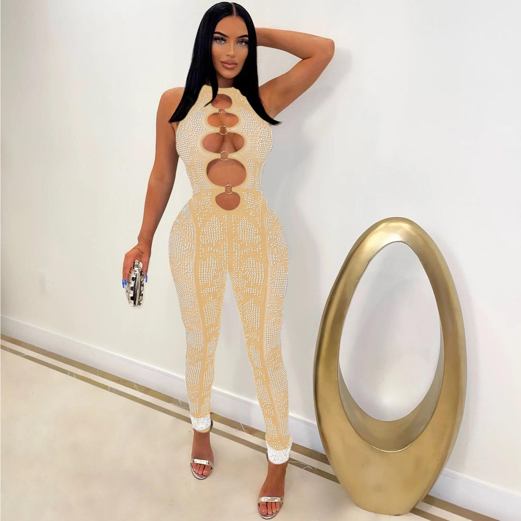 Women Wear Mesh See through Rhinestone Sleeveless Trousers Jumpsuit