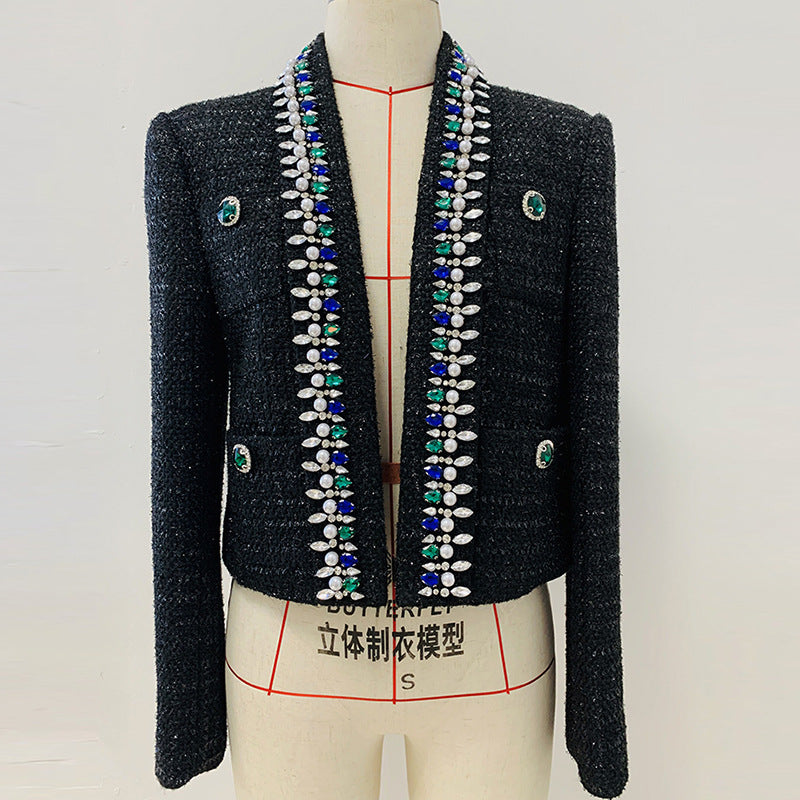 Goods Stars Exquisite Rhinestone Beaded Green Fruit Collar Short Woolen Jacket Coat
