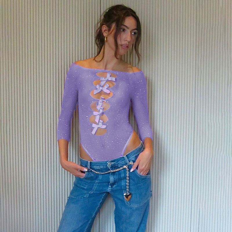 Autumn Sexy High Elastic Knitted See through Bow Hollow Out Cutout Rhinestone Jumpsuit