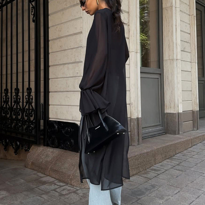 Chiffon Shirt Women Black Mesh Irregular Asymmetric Niche Design round Neck Ruffle Sleeve Long Sleeve Top