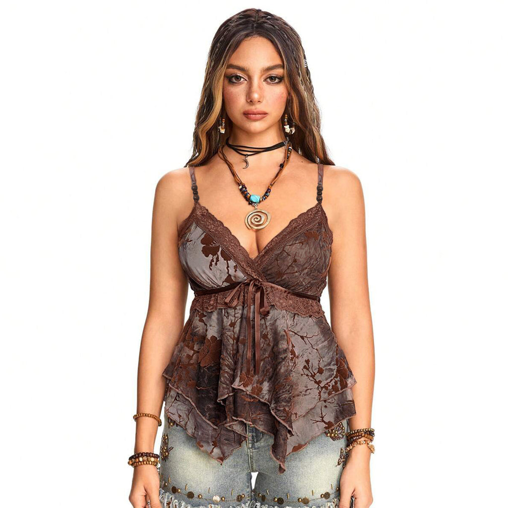 Summer Vacation Women Clothing V neck Sling Waist Irregular Asymmetric Retro Patchwork Top