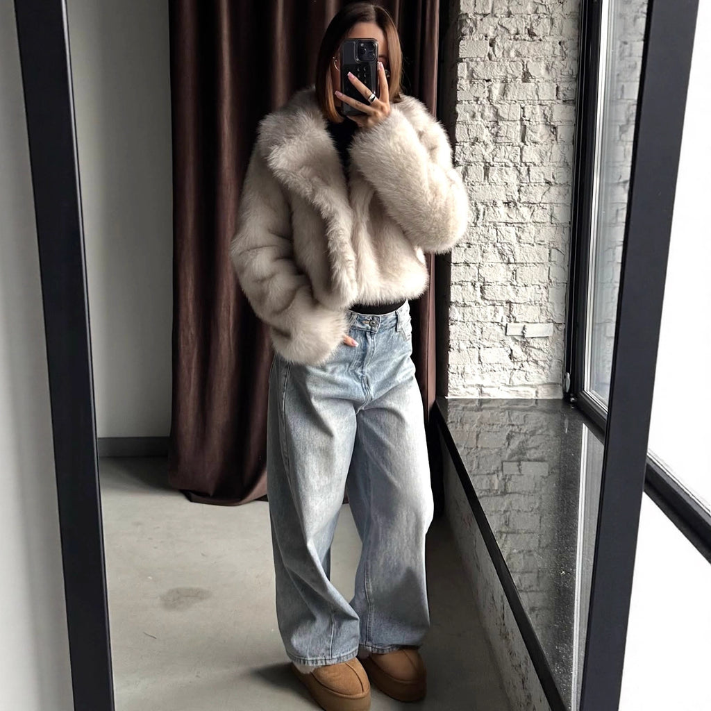 Autumn Winter Faux Fur Jacket Suit Collar Baggy Coat Short Furry Women Environmental Protection Fur Coat
