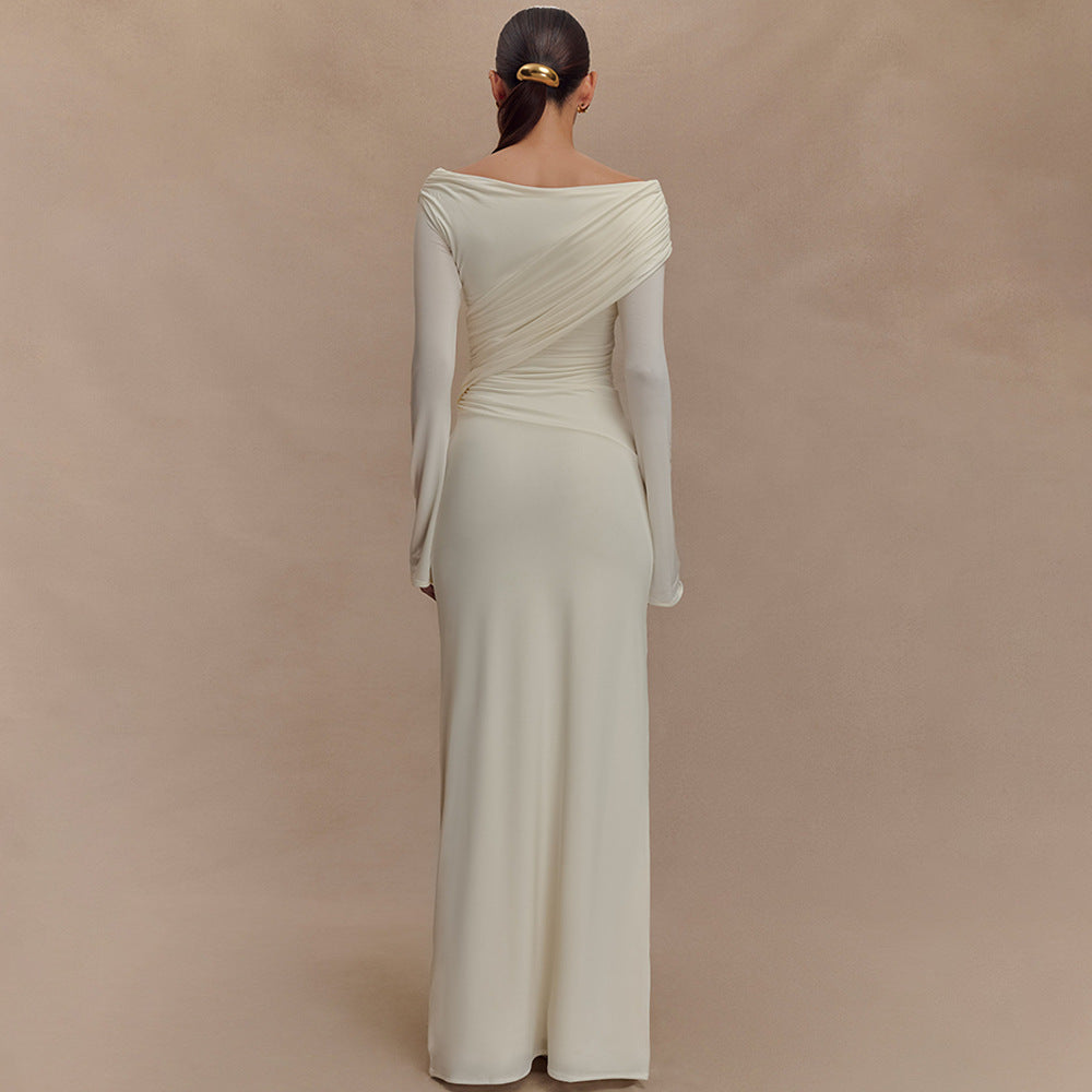 Women Spring Sexy V neck Pleated Hip Dress