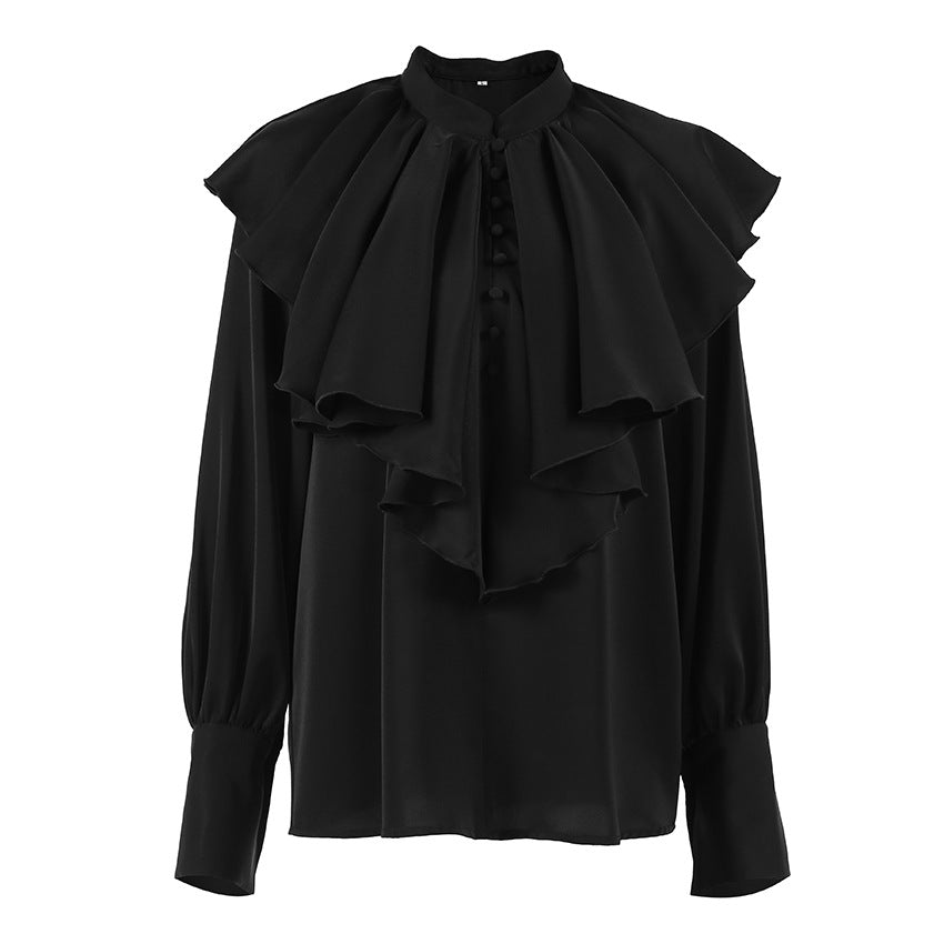 Court French Ruffled Stand Collar Single Breasted Long Sleeve Shirt Women French Lantern Sleeve Loose Solid Color Top