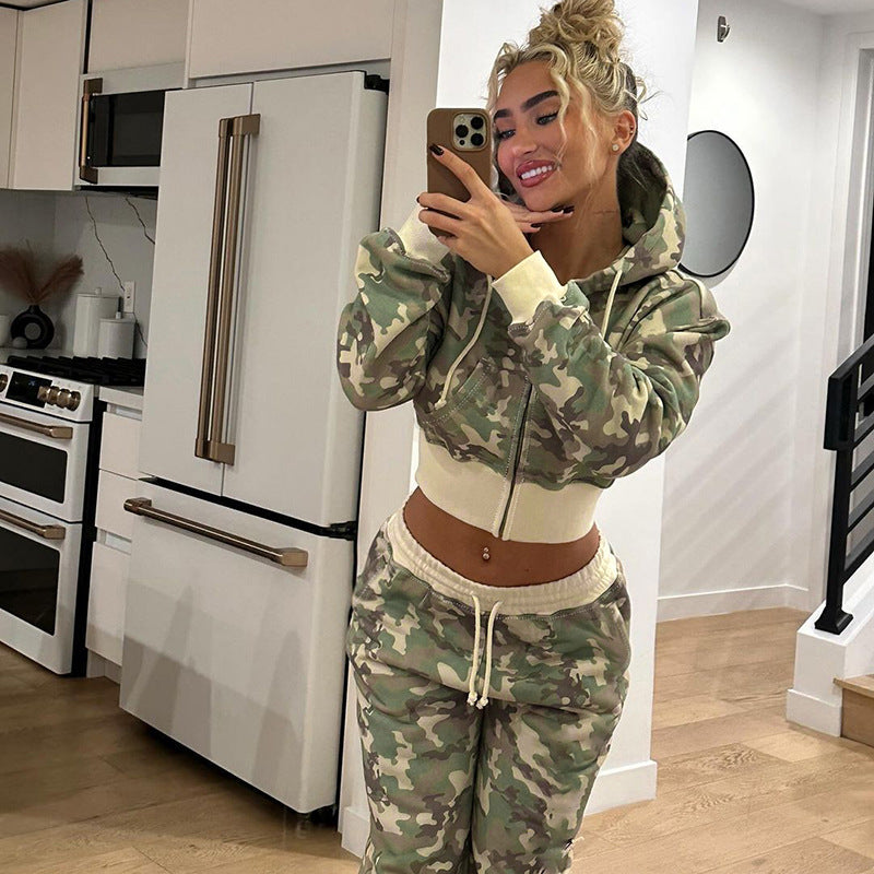 Casual Contrast Color Cinched Hoodie Long Sleeve Sweatshirt Sweatpants Two Piece Camouflage Cardigan Coat Trousers Sets