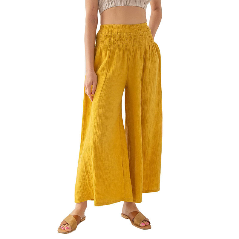 Women Summer Wide Leg Pants Loose Elastic High Waist Pure Cotton Double Layer Gauze Breathable Casual Yoga Pants