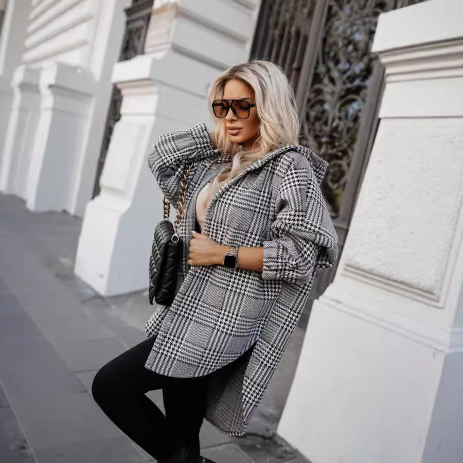 Women Clothing Autumn Hooded Plaid Coat Loose Casual