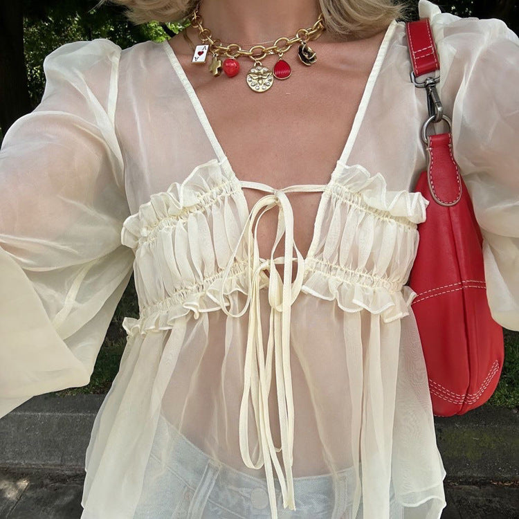 Sexy See through Sun Protection Women Clothing V neck Lace up Long Sleeve Design Pleated Chiffon Top