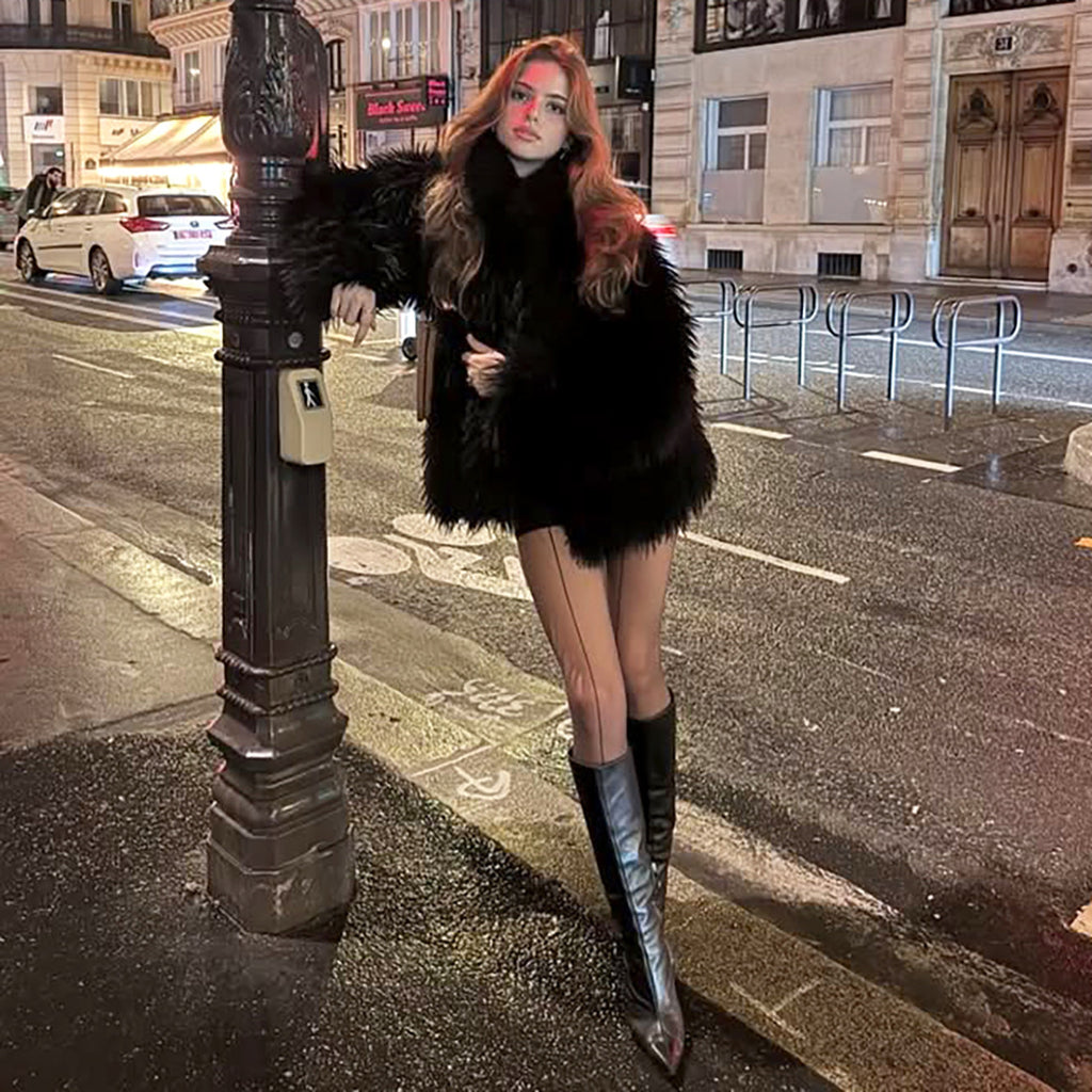 Manteau d'hiver confortable à col montant et manches longues en peluche duveteuse pour femme