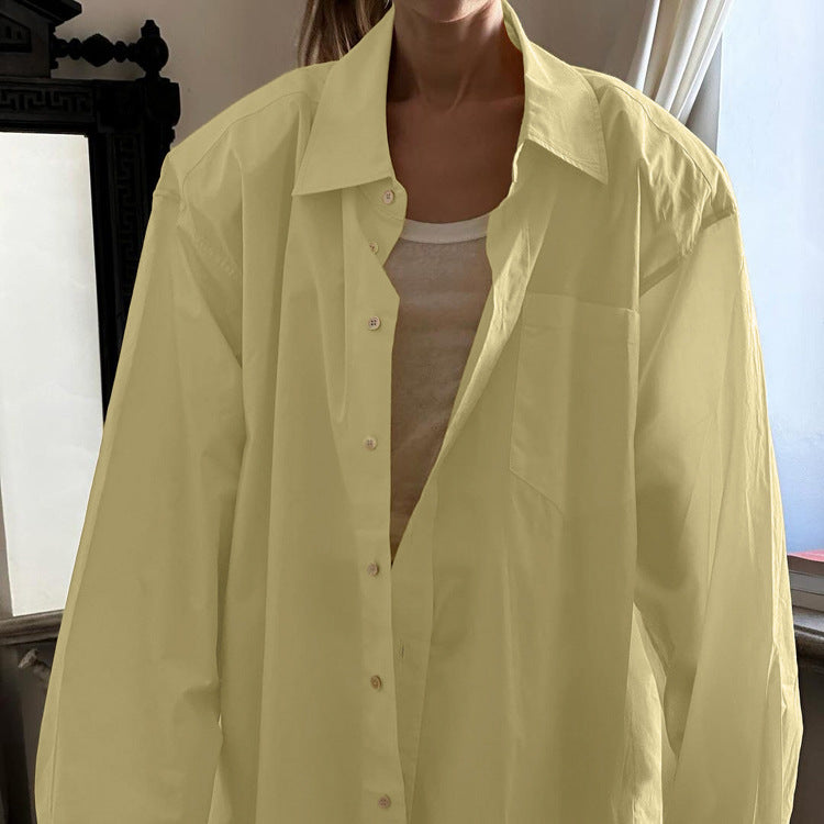 Simple Women Cotton Shirt Autumn Polo Collar Long Sleeve Cardigan Casual All Matching