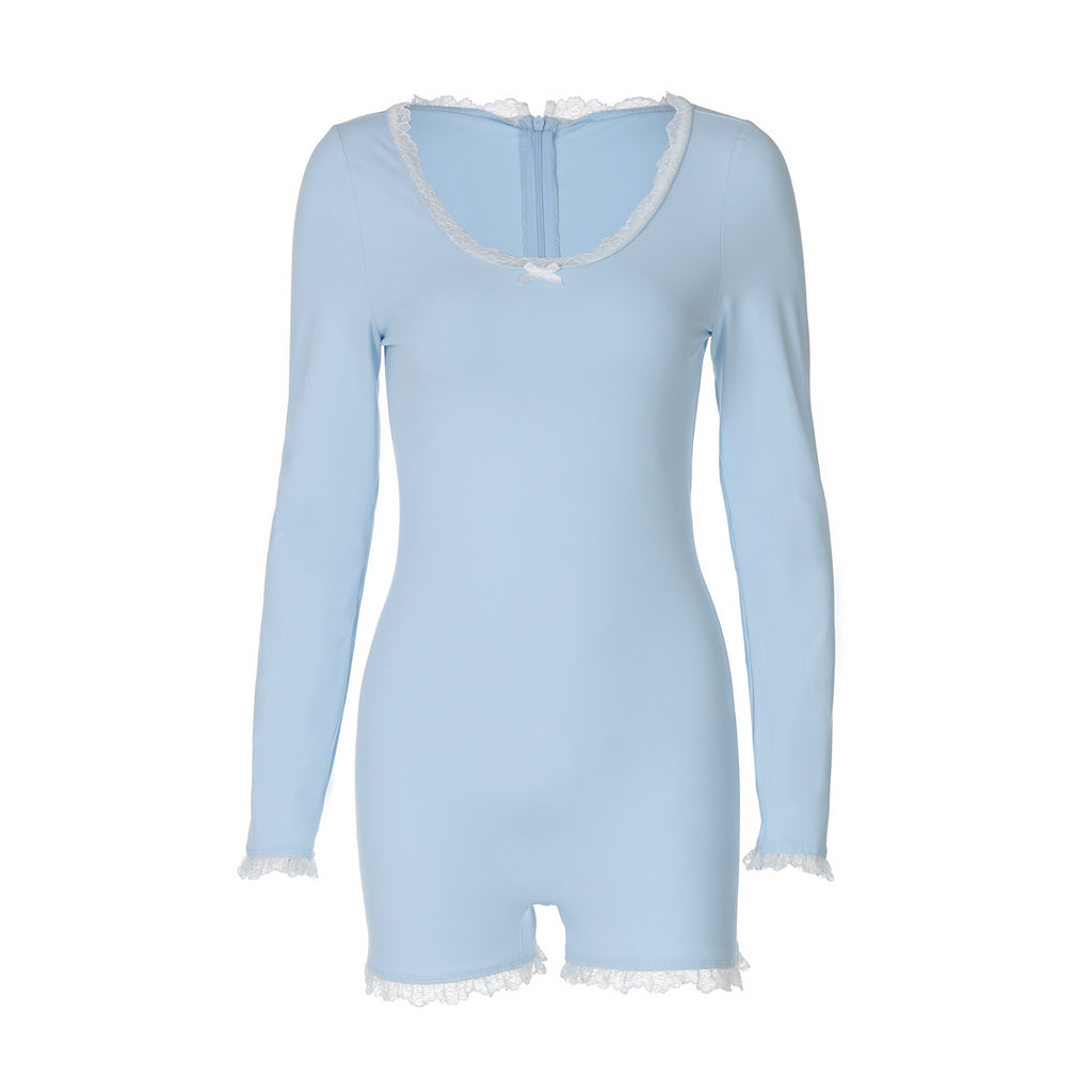 Women Clothing Autumn Sexy U Collar Lace Stitching Back Zipper Slim Fit Long Sleeve Jumpsuit