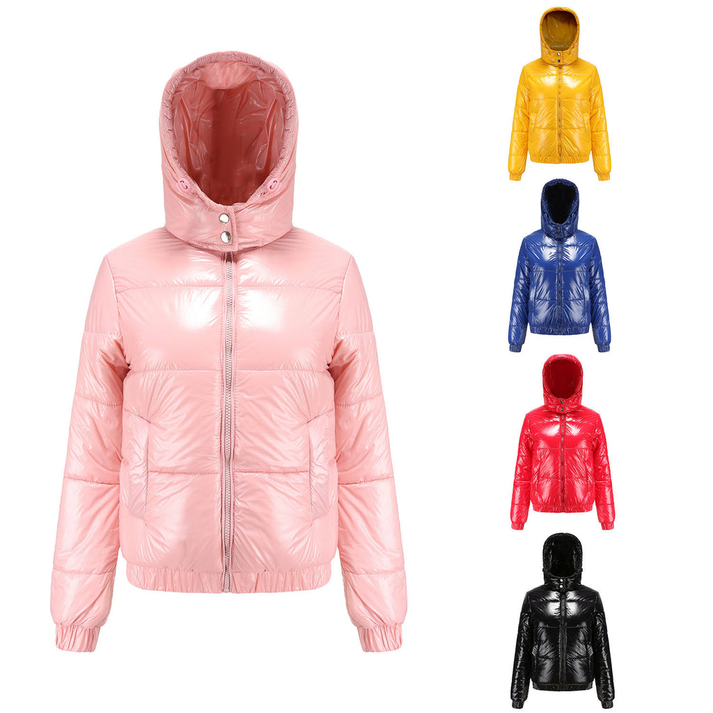 Fall Winter Hooded Cotton Padded Clothes 20D Film Splash Proof Fashionable Jacket Long Sleeve Glossy Cotton Padded Clothes for Women