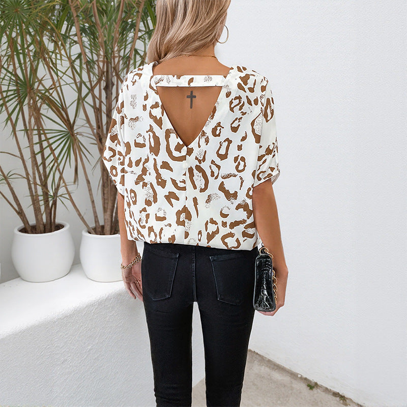 Summer Casual Top V neck Loose Batwing Sleeve Leopard Print Shirt Women