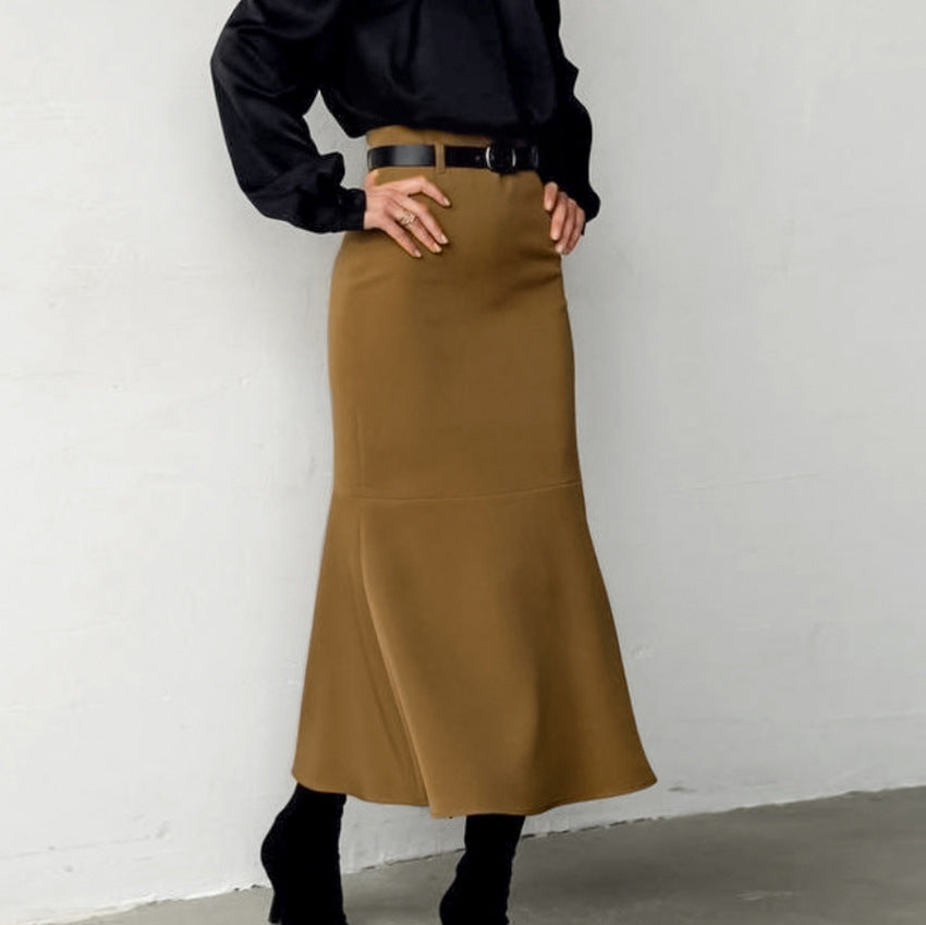 Brown Slim High Waist Fishtail Skirt Autumn Fashionable Elegant High Grade Women Dress No Belt