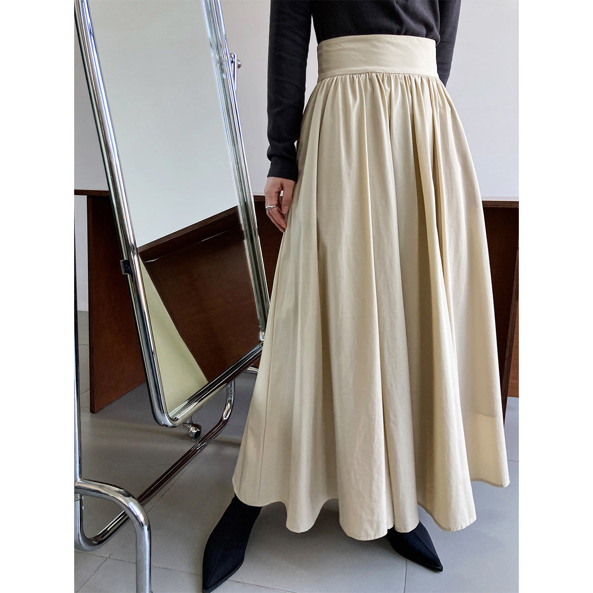 High Waist A line Pleated Skirt Long Skirt Spring Elegant High Sense Big Hem Umbrella Skirt