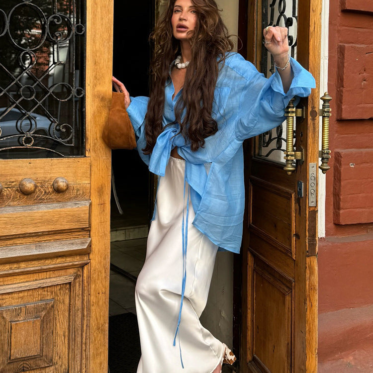 Women Clothing Early Autumn Polo Collar Long Sleeve Tencel Shirt Office All Match Loose Shirt