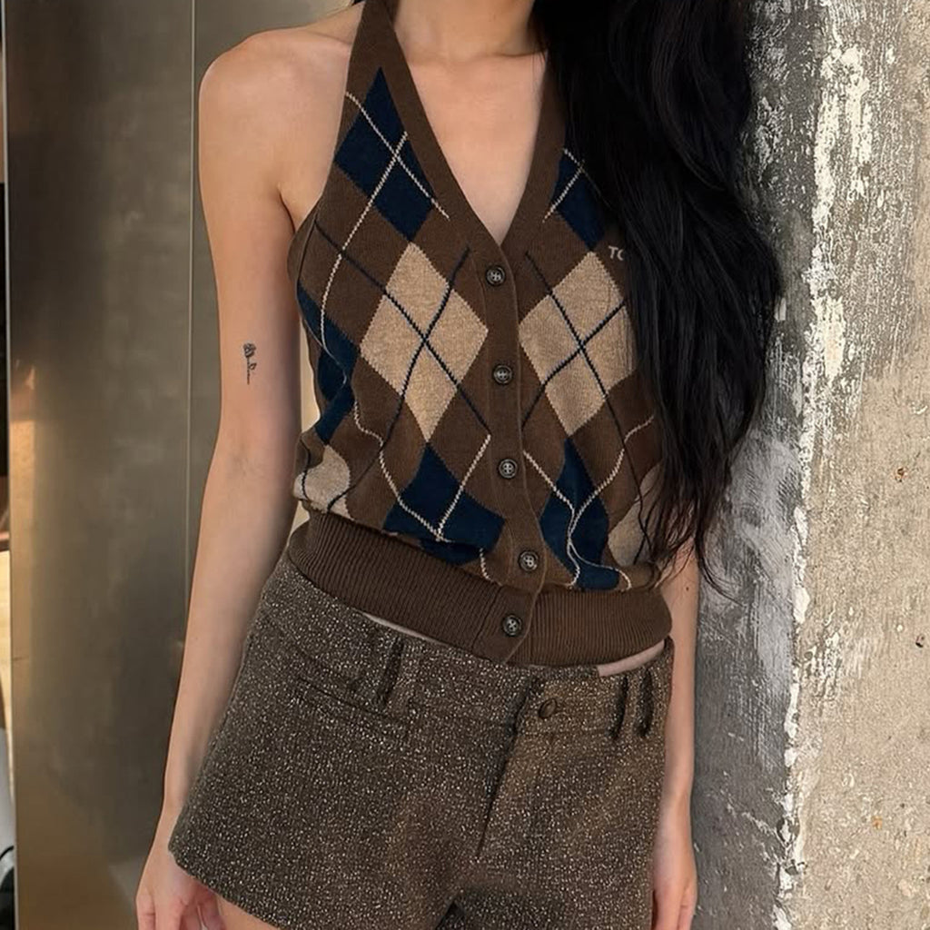 Retro Rhombus Wool Woven Halter Backless Sexy Vest V neck Slim Fit Buttoned Design Sleeveless Sweater Vest