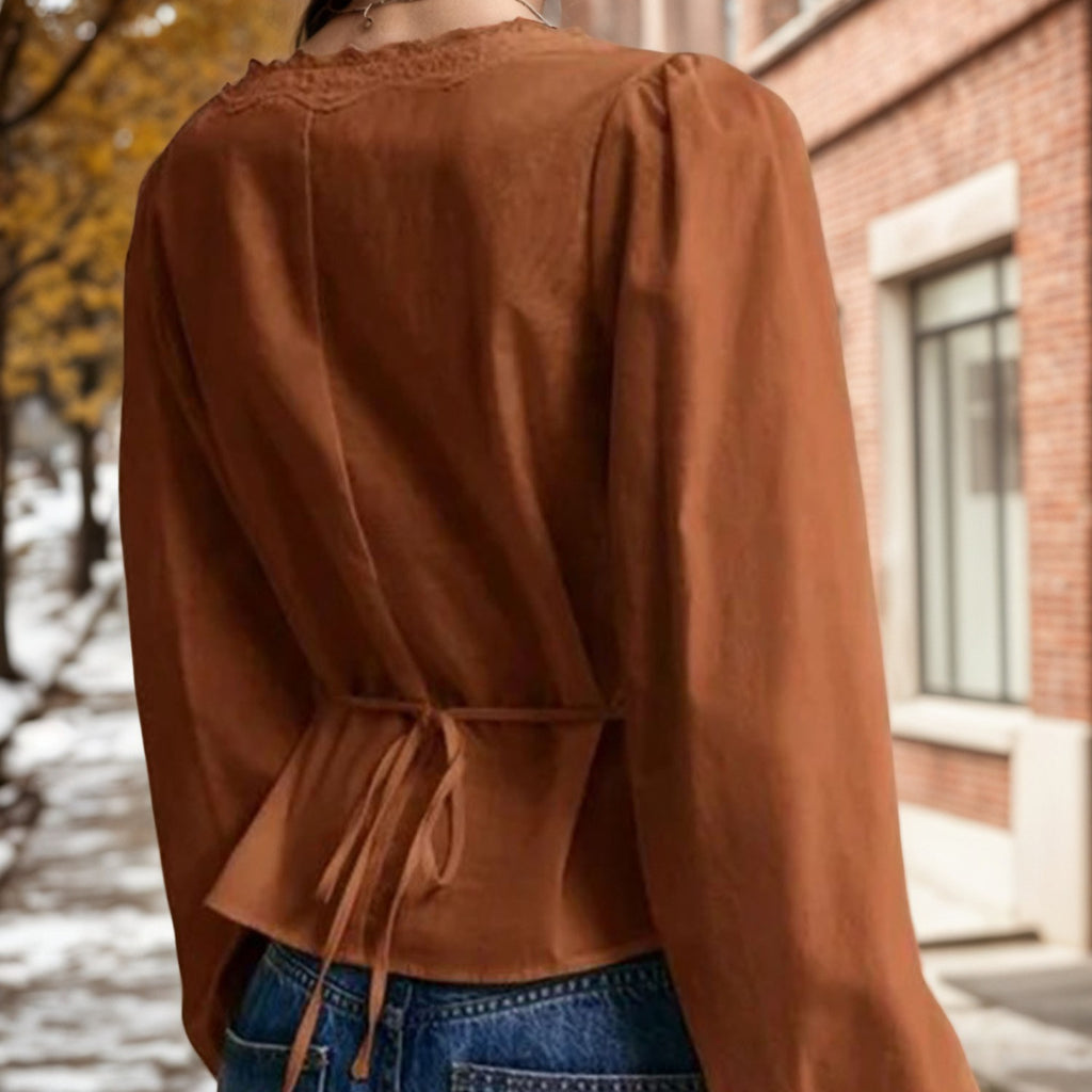 French Lace Lace Long Sleeved Shirt Autumn V neck Pleated Lace up Waist Single Row Multi Buckle Top