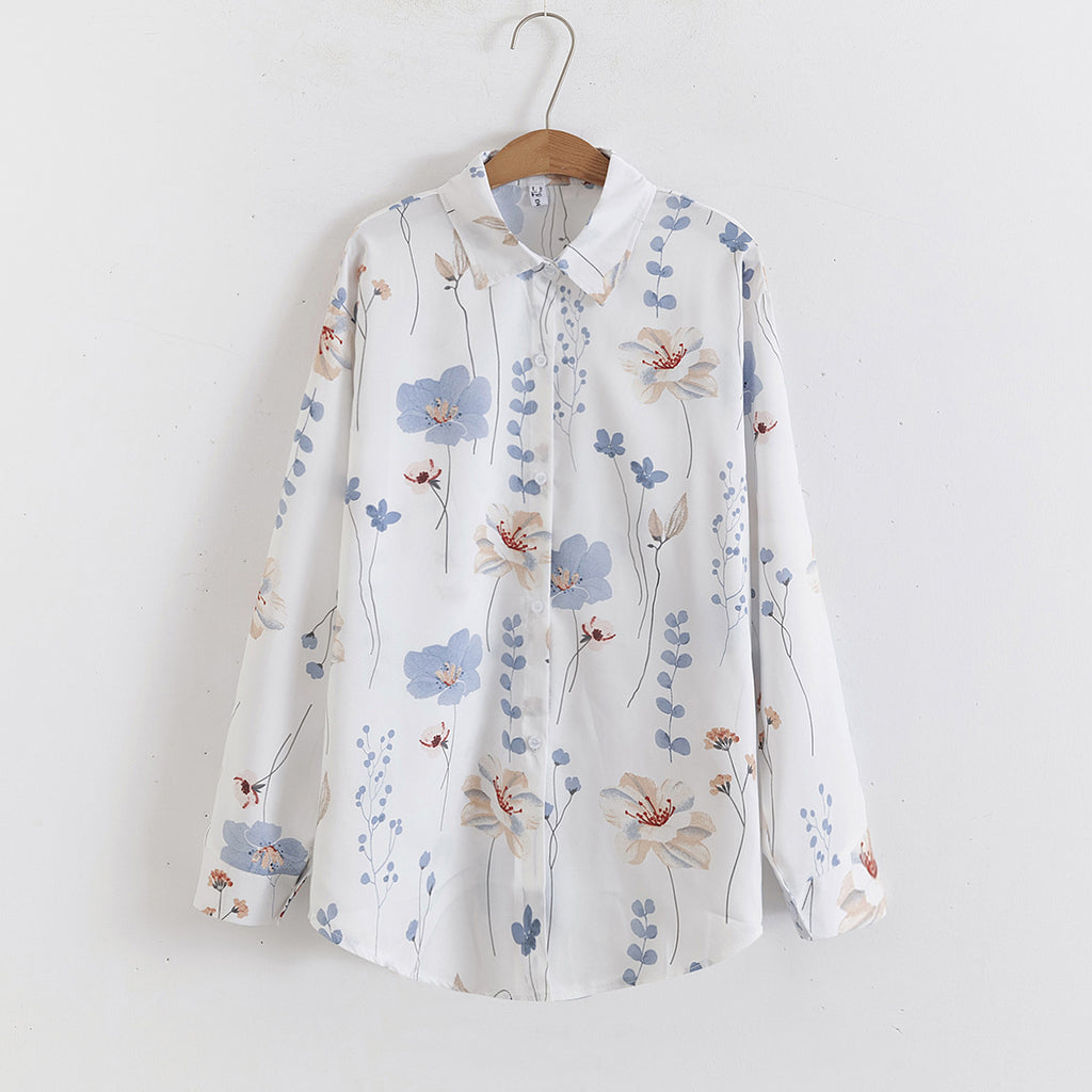 Women Floral Print Loose Collared Long Sleeves Shirt Top