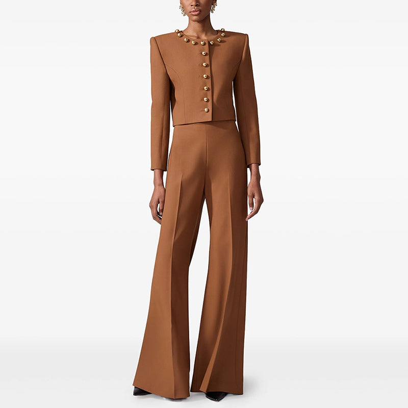 Round Neck Simple Buttons Decorative Short Coat Long Sleeved Two Piece Set