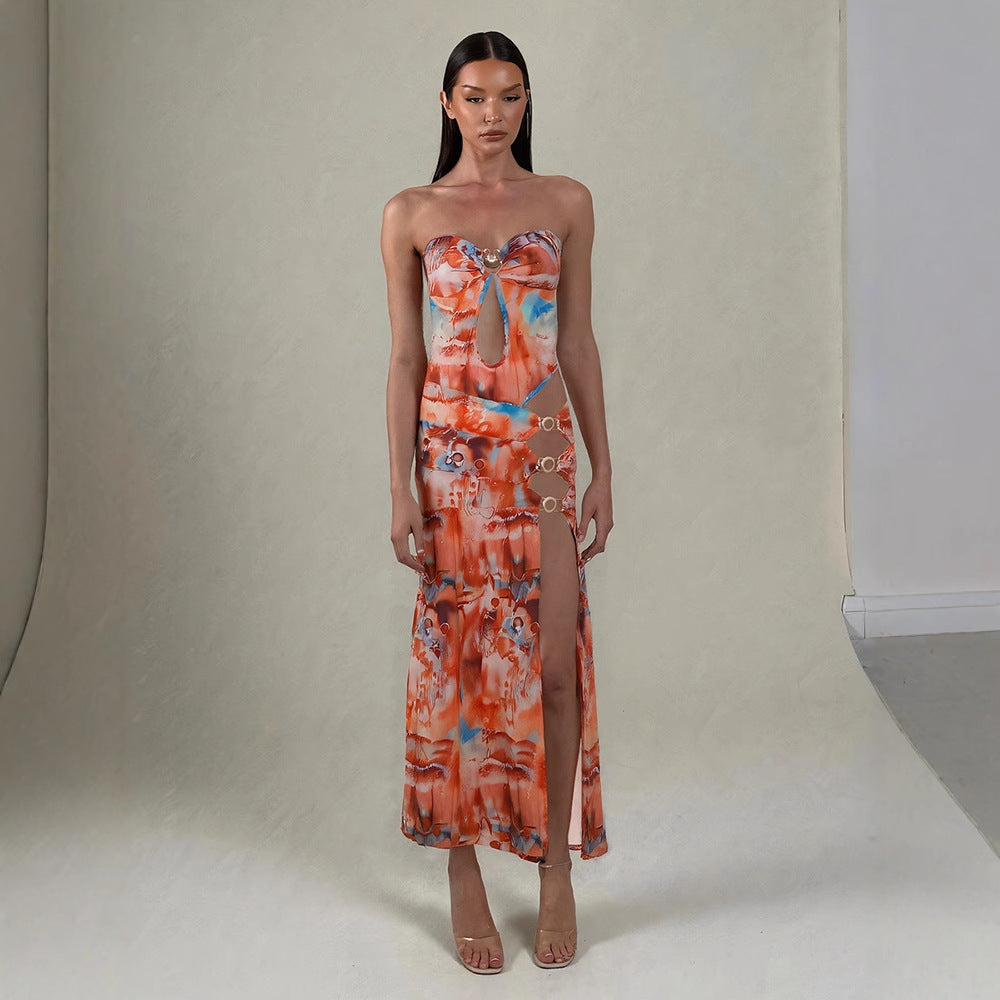 Women Clothing Summer Sexy Backless Slim Fit Hollow Out Cutout out Side Slit Printed Tube Top Dress