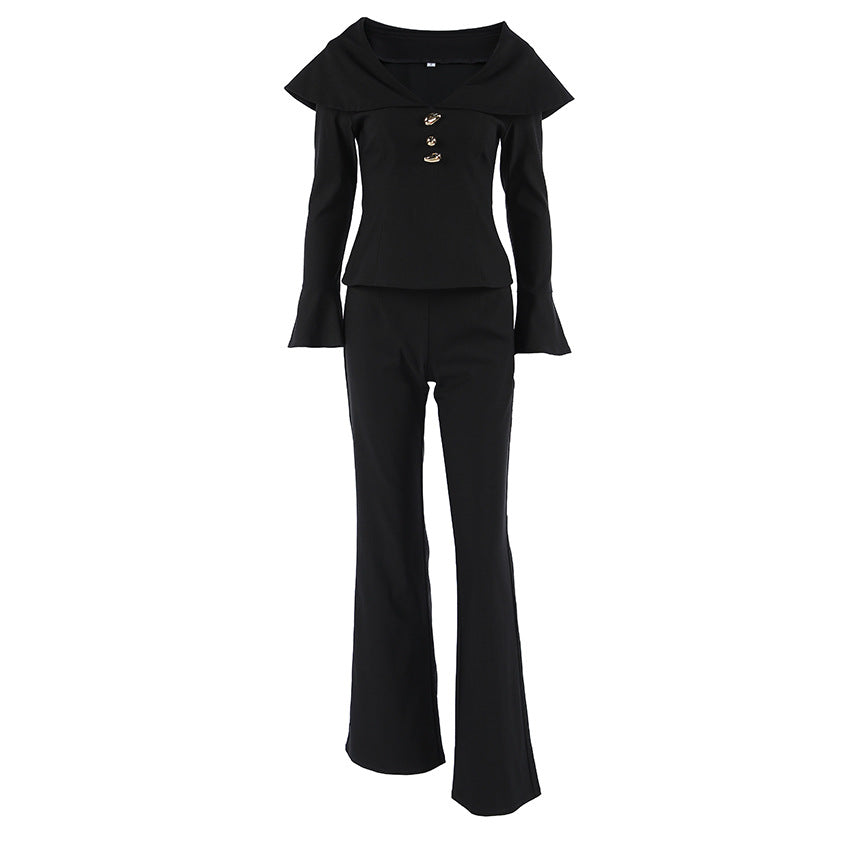 Autumn Winter Retro Black Sexy V neck Slim Top Waist Controlled Bell Bottom Pants Elegant Elegant Set for Women