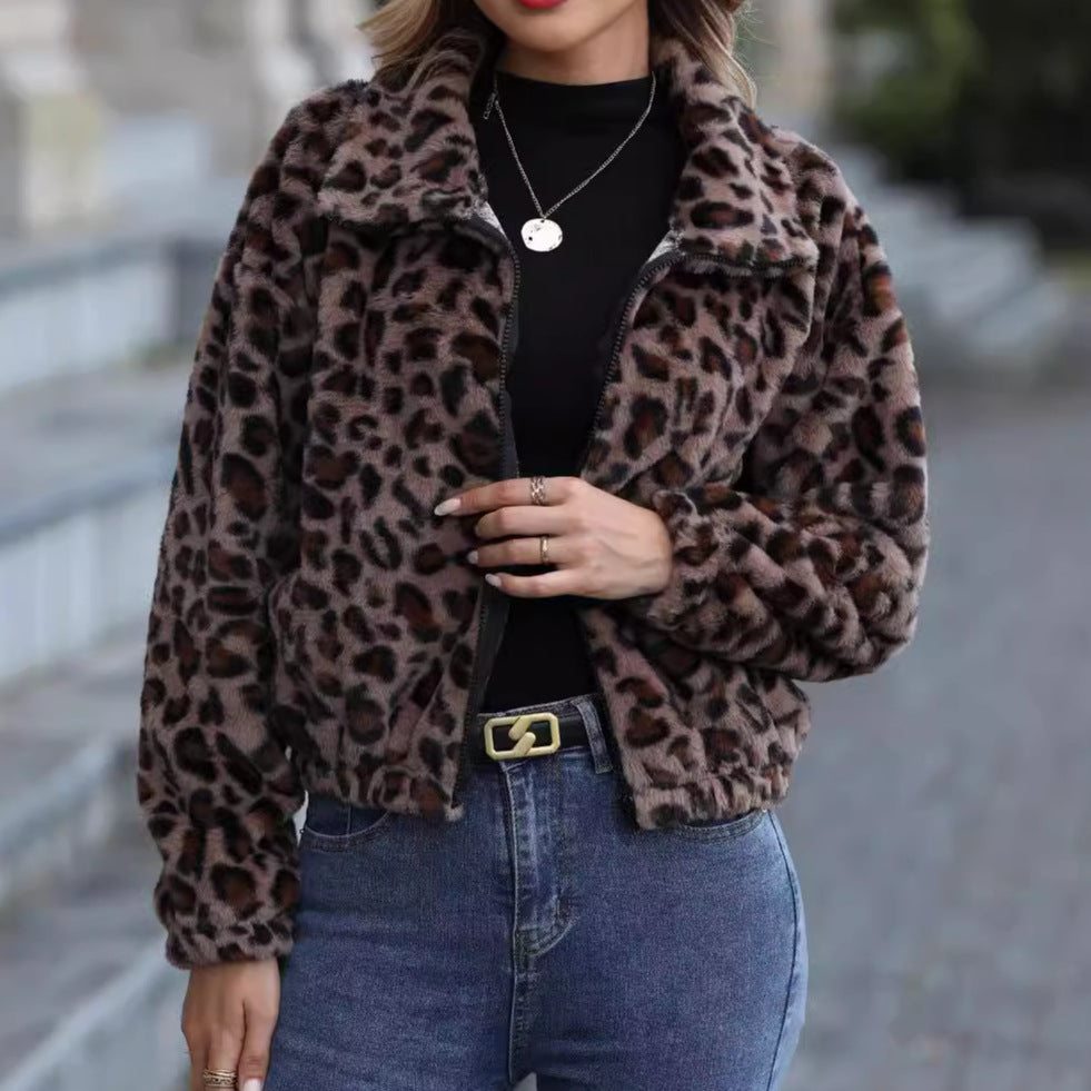 Flash Velvet Women Clothing Autumn Winter Loose Zip Long Sleeve Leopard Print Plush Coat