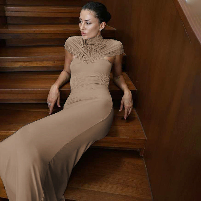 Women Clothing Autumn Winter Elegant Sexy Slim Hollow Out Cutout Pleated Turtleneck Solid Color Dress