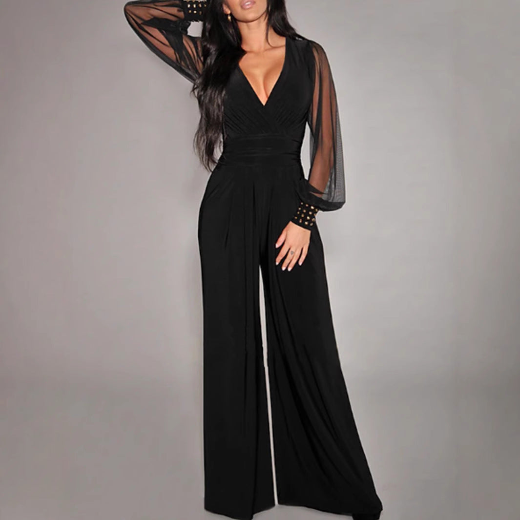 Women Wear V neck Mesh Stitching Rivet Long Sleeve Loose Jumpsuit Women Clothing
