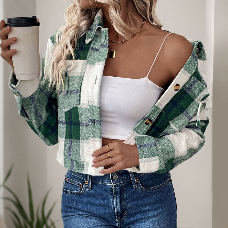 Autumn Winter Short Plaid Cardigan Retro Woolen Bow Coat for Women