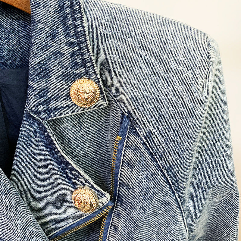 Women Coat Lion Buckle Slim Double Zipper Oblique Zipper Washed Denim Motorcycle Jacket