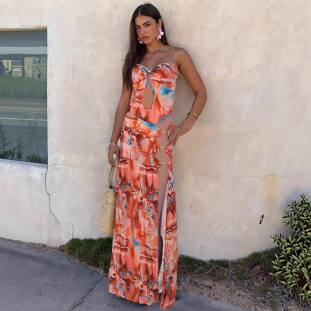 Women Clothing Summer Sexy Backless Slim Fit Hollow Out Cutout out Side Slit Printed Tube Top Dress