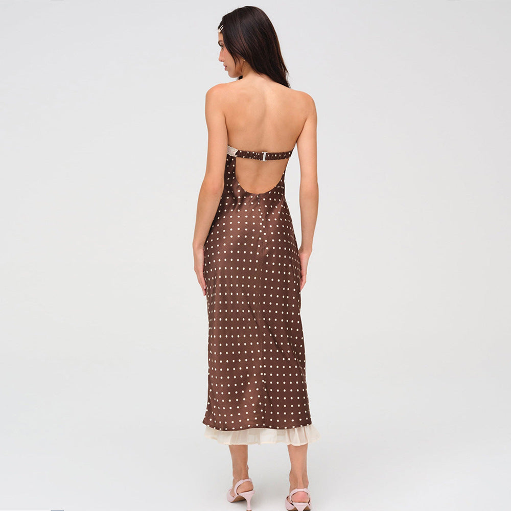Summer French Polka Dot Tube Top Dress Sexy Backless Satin Dress