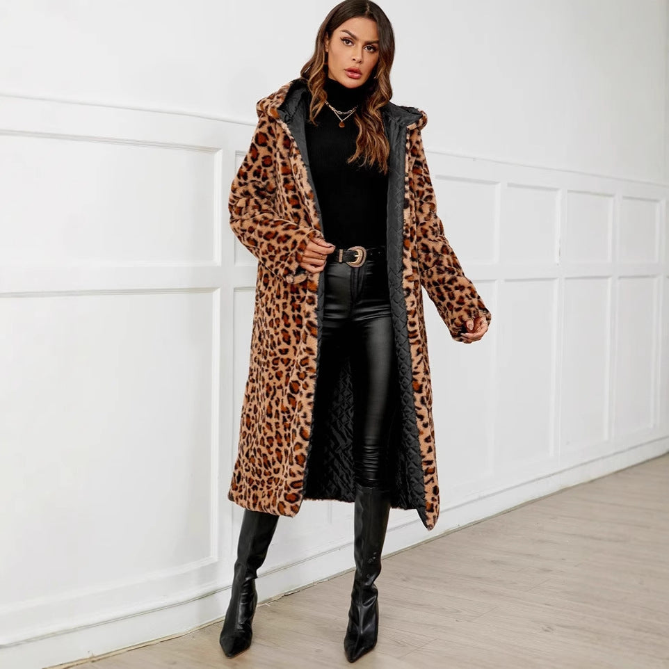 Autumn Winter Leopard Print Coat Cold Proof Plush Long Ladies Hooded Faux Fur Coat Top Trench Coat