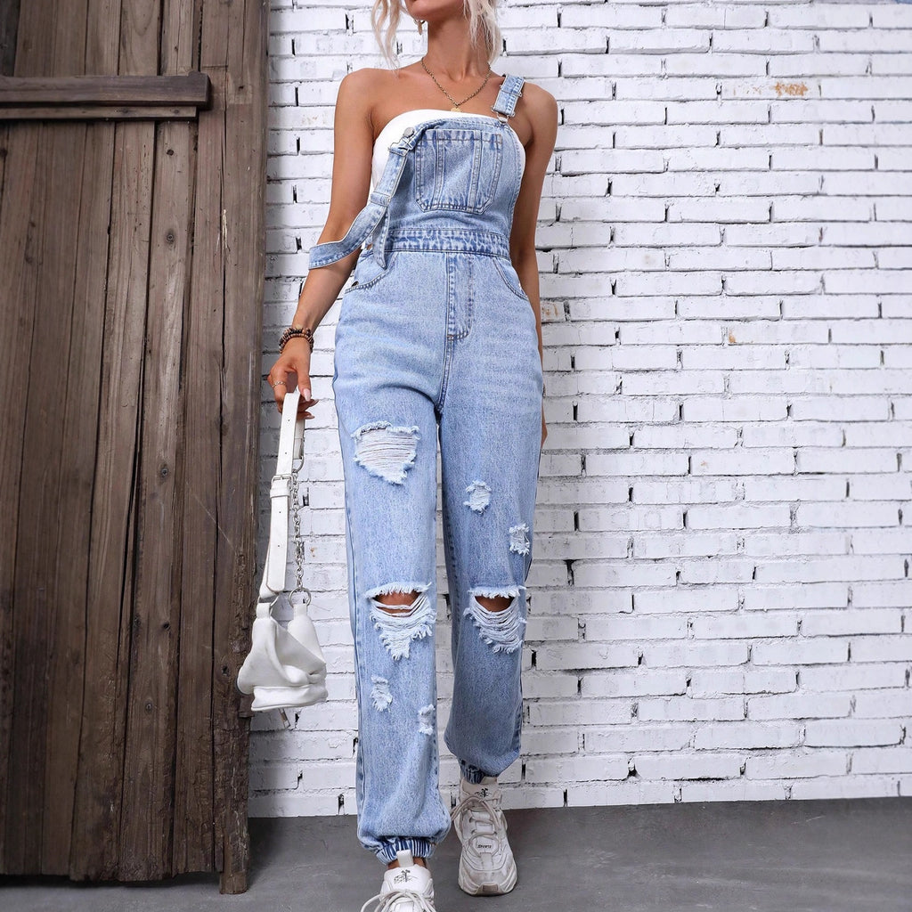 Women Clothing Shoulder Strap Hole Denim Suspenders Pants