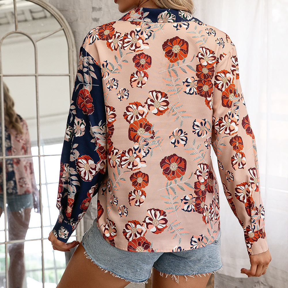 Loose Casual Floral Color Matching Long Sleeved Shirt Single Breasted Printed Contrast Color Shirt Top for Women