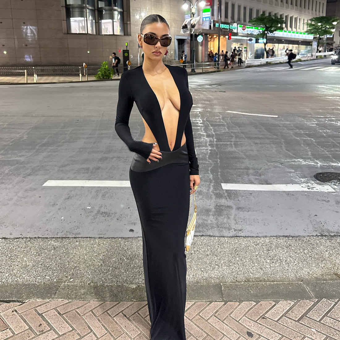 Women Clothing Autumn Winter Sexy Deep V Plunge neck Hollow Out Cutout out Long Sleeve Stitching Solid Color Dress