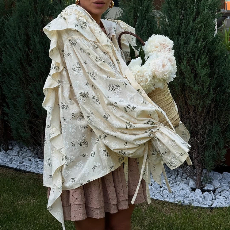 French Design Ruffled Tied Printed Shirt Women Arrival round Neck Flared Sleeves All Match Office Top