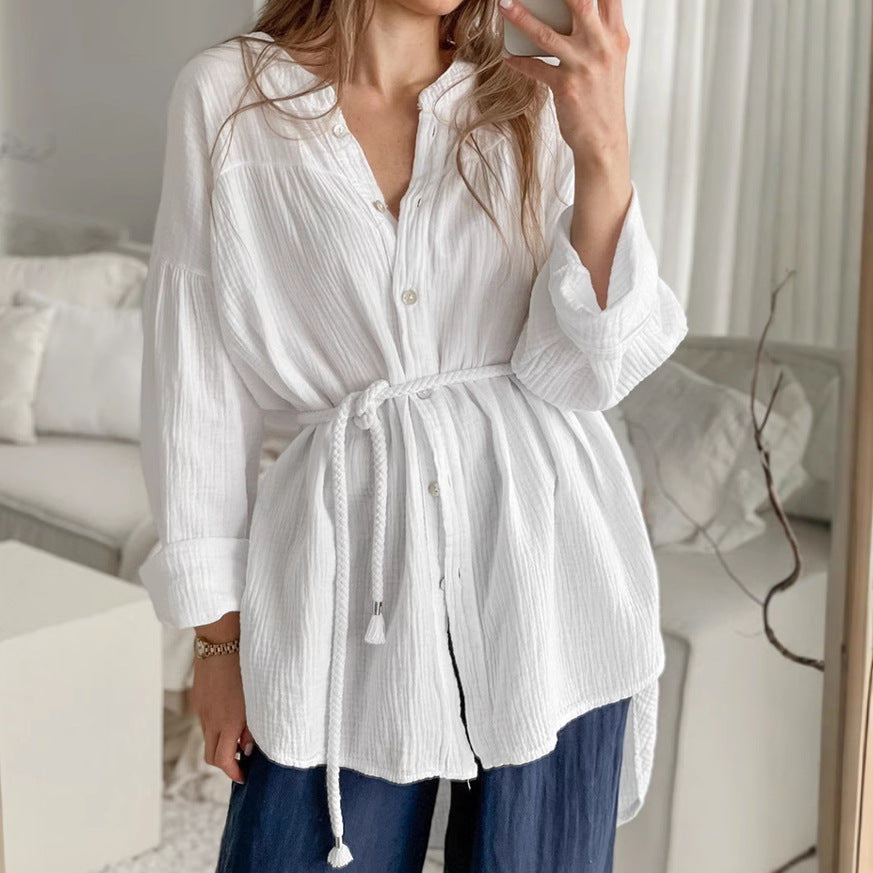 White Cotton Bubble Crepe Small Stand up Collar Tie Long Sleeved Shirt Women Top