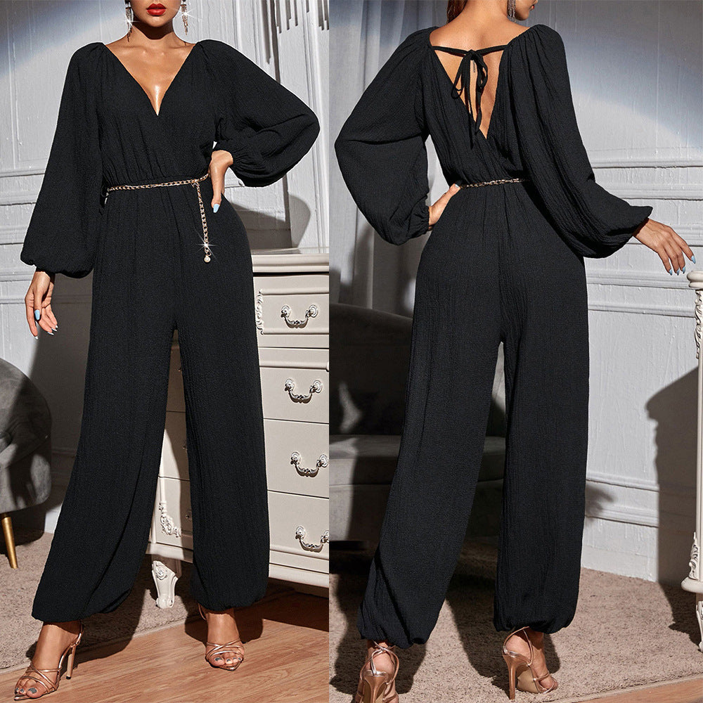 Sexy V-neck Backless Long Sleeves Jumpsuit Summer Women Clothing Trousers
