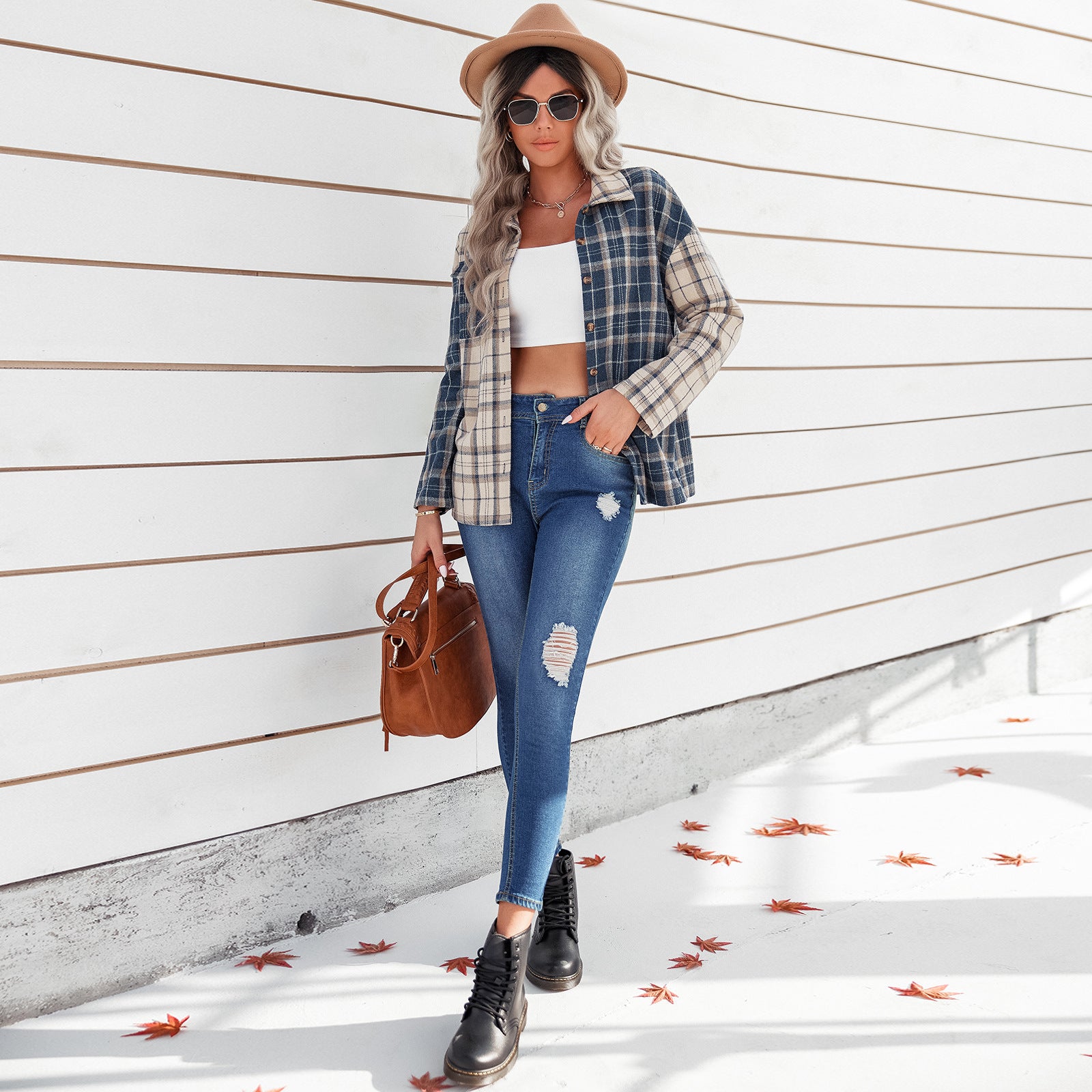 Early Autumn Polo Collar Plaid Top Women Clothing Long Sleeve Cardigan Loose Shirt